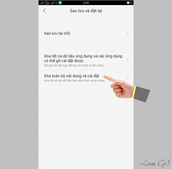 Xóa toàn bộ nội dung và cài đặt